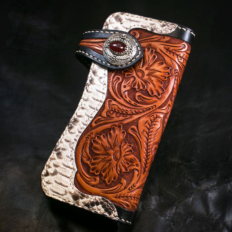 Handmade Mens Cool Tooled Boa Skin Floral Leather Chain Wallet Biker Trucker Wallet with Chain