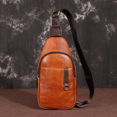 Brown Cool LEATHER MENS 8 inches Sling Bag One Shoulder Backpack Dark Brown Chest Bag For Men - iwalletsmen