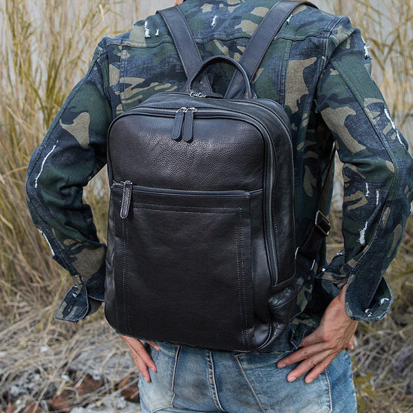 Black Fashion Mens Leather 15-inch Large Business Computer Backpacks Travel Backpacks Black College Backpack for men - iwalletsmen