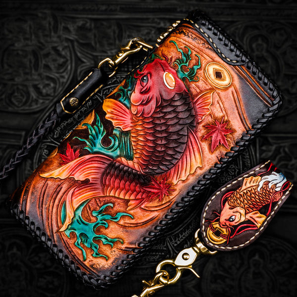 Handmade Leather Tooled Carp Mens Chain Biker Wallet Cool Leather Wallet Long Phone Wallets for Men