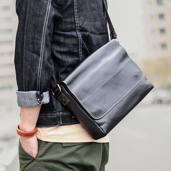 Cool Black Leather Mens 10 inches Courier Bags Coffee Brown Messenger Bags Postman Bag For Men - iwalletsmen