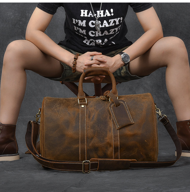 Retro Brown Leather Men's Business Overnight Bag Large Travel Bag Duffel Bag Weekender Bag For Men - iwalletsmen