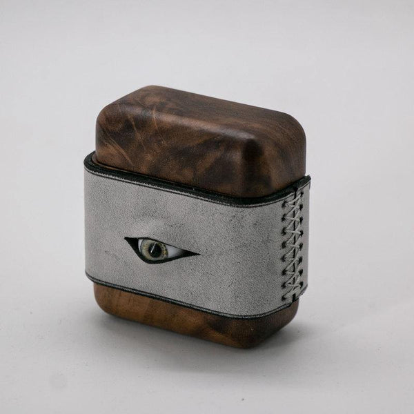Handmade Black Leather Coffee Wood AirPods 1,2 Case with Eye Custom Leather AirPods 1,2 Case Airpod Case Cover - iwalletsmen