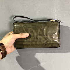 Vintage Green Leather Mens Bifold Long Wallet Brown Wristlet Wallet Brown Clutch Biker Wallet Men - iwalletsmen