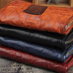 Handmade Genuine Leather Mens Cool Long Leather Wallet Zipper Clutch Wristlet Wallet for Men