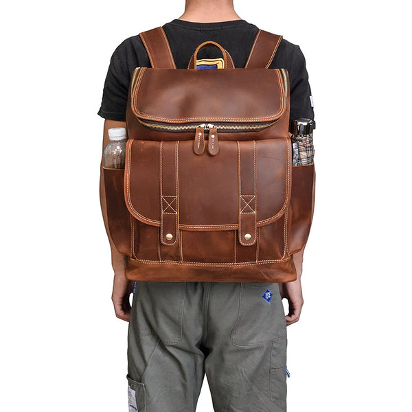 Cool Brown Mens Leather 15 inches Large School Computer Backpack Dark Brown Laptop Travel Backpack for Men - iwalletsmen