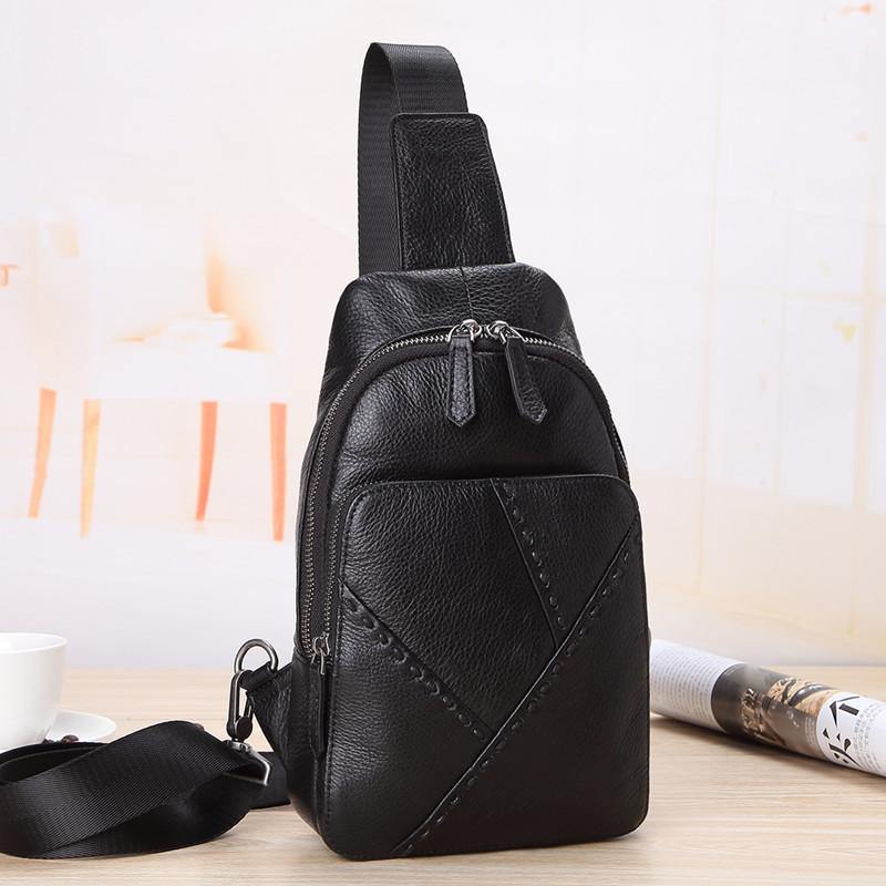 Black Leather Men's 8-inch One shoulder Backpack Sling Bag Black Chest Bag Sports Bag For Men - iwalletsmen