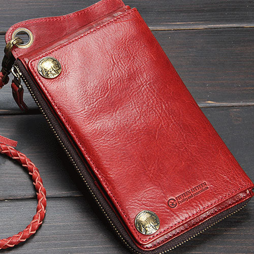 Handmade Mens Cool Long Leather Chain Wallet Cards Biker Trucker Wristlet Wallet - iwalletsmen