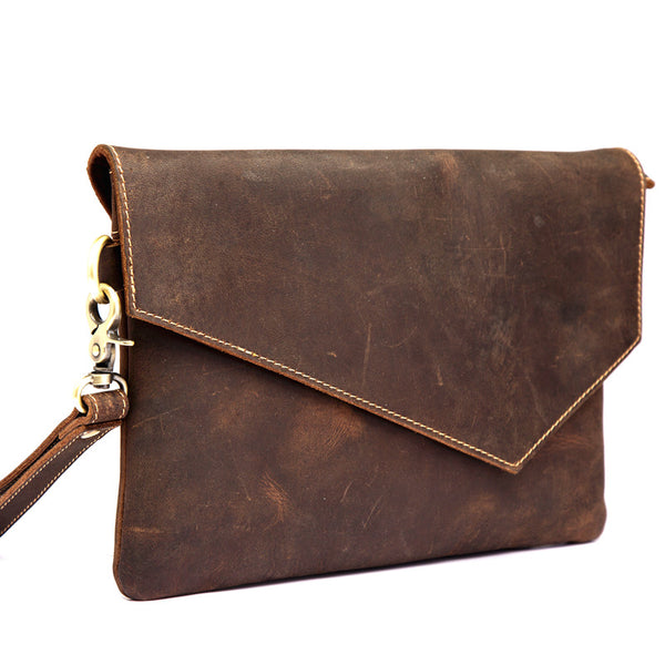 Dark Brown Vintage Leather Wristlet Bag Mens Tablet Bag Handy File Bag Clutch Bag For Men - iwalletsmen
