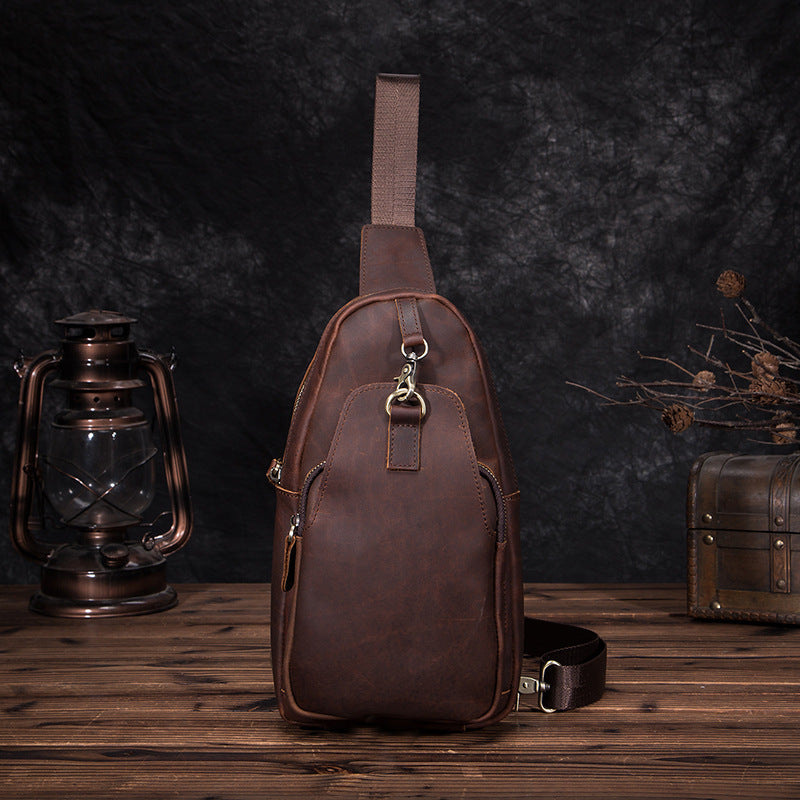 Badass Brown Leather Men's Sling Bag Chest Bag Vintage One shoulder Backpack For Men - iwalletsmen