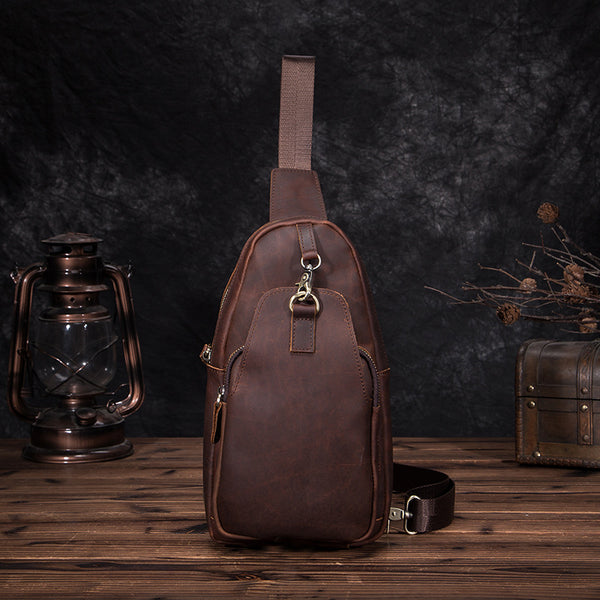 Badass Brown Leather Men's Sling Bag Chest Bag Vintage One shoulder Backpack For Men - iwalletsmen