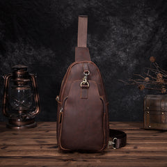 Badass Brown Leather Men's Sling Bag Chest Bag Vintage One shoulder Backpack For Men - iwalletsmen