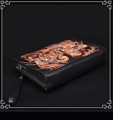 Handmade Black Tooled Lion Dragon Leather Messenger Bags Side Bag Clutch Wristlet Bag For Men - iwalletsmen