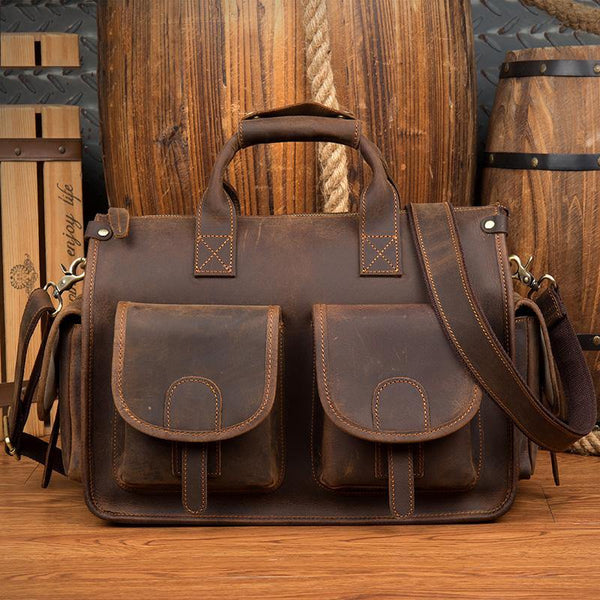 Vintage Mens Leather 14 inches Briefcase Side Bag Work Bags Travel Luggage Bag for Men - iwalletsmen