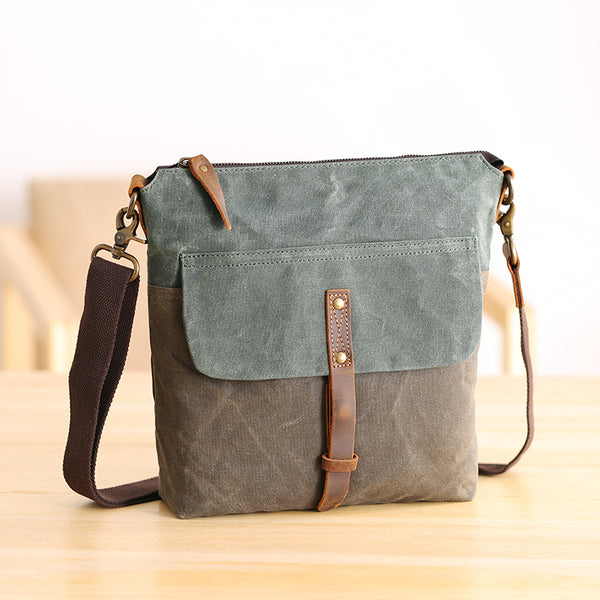 Wax Canvas Leather Mens Small Waterproof Vertical Green Side Bag Courier Bag Messenger Bag for Men - iwalletsmen