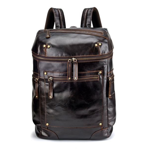 Casual Leather Mens 14inch Laptop Backpack School Backpack Barrel Travel Backpack for Men - iwalletsmen