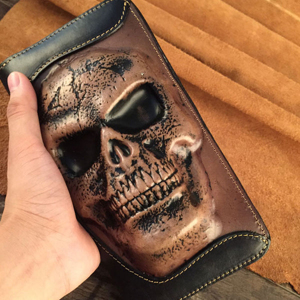 Handmade Genuine Leather Mens Clutch Cool Long Wallet Skull Zipper Clutch Wristlet Wallet for Men