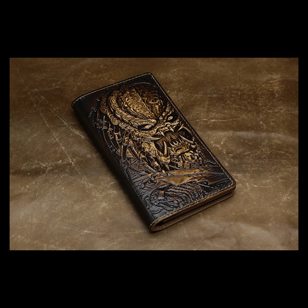 Handmade Leather Tooled Alien-Predator Mens Long Wallet Cool Leather Wallet Clutch Wallet for Men