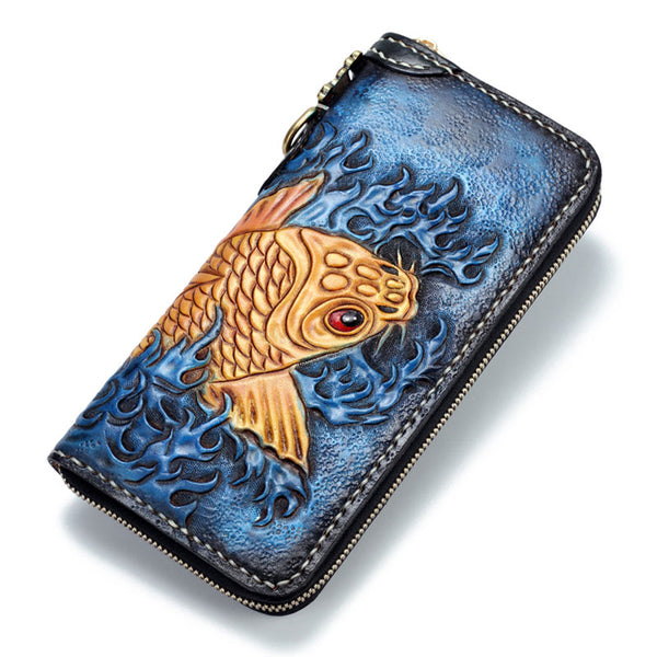 Handmade Leather Carp Mens Chain Biker Wallet Cool Leather Wallet Long Phone Wallets for Men