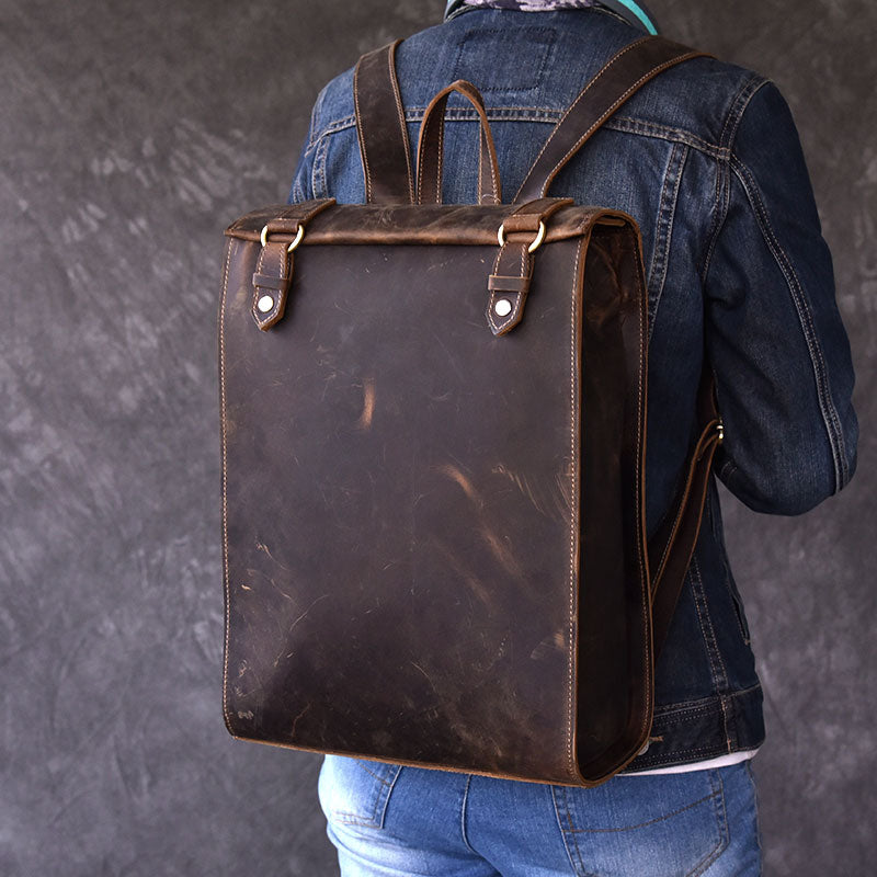 Vintage Leather Mens 14" Brown Computer Backpack Black Travel Backpack College Backpack for Men - iwalletsmen