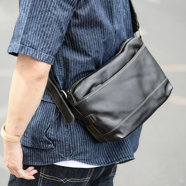 Black Leather Mens Casual 10" Courier Bags Messenger Bag Coffee Brown Postman Bag For Men - iwalletsmen