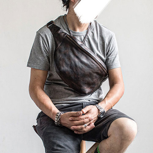 Genuine Leather Mens Cool Chest Bag Sling Bag Crossbody Bag Travel Bag Hiking Bag for men - iwalletsmen