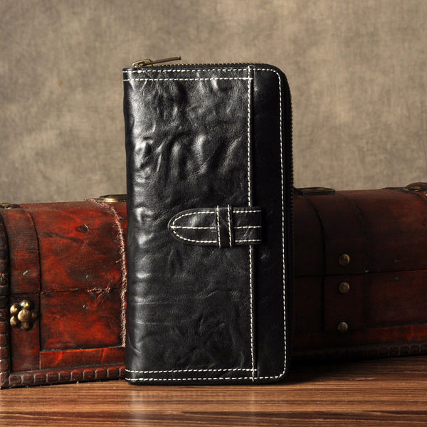 Genuine Leather Mens Cool Long Leather Wallet Cards Phone Zipper Clutch Wristlet Wallet for Men