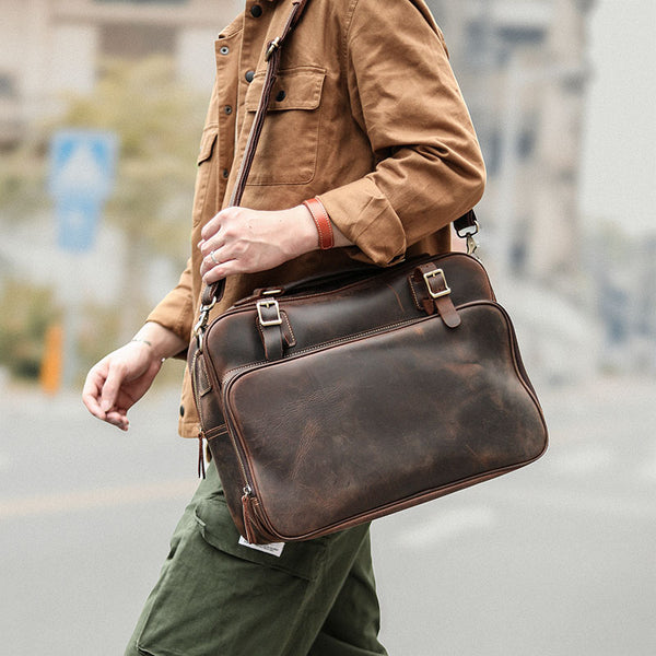 Vintage Dark Brown Mens Leather Briefcase Work Handbag Brown 15'' Computer Briefcase For Men - iwalletsmen