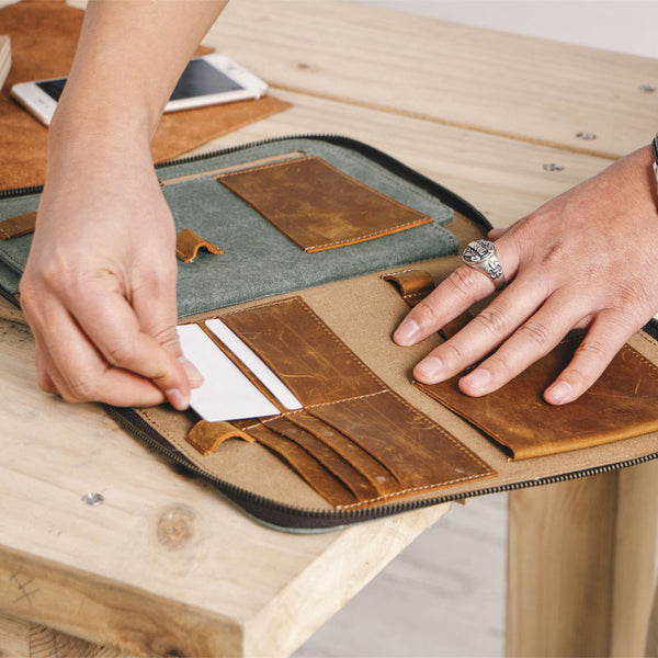 Gray Canvas Leather Mens Large Clutch Wallet Zipper Wristlet Bag Purse for Men - iwalletsmen