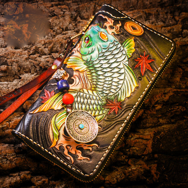 Handmade Leather Carp Mens Chain Biker Wallet Cool Leather Wallet Long Clutch Wallets for Men - iwalletsmen