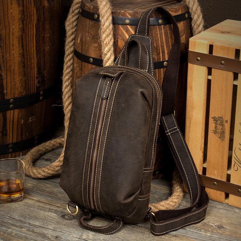 Casual Dark Brown Leather Mens One Shoulder Backpacks Sling Bags Chest Bags for Men - iwalletsmen