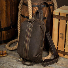 Casual Dark Brown Leather Mens One Shoulder Backpacks Sling Bags Chest Bags for Men - iwalletsmen