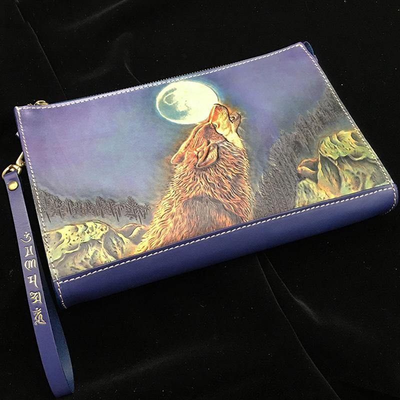Blue Handmade Tooled Leather Wolf Clutch Wallet Wristlet Bag Clutch Purse For Men - iwalletsmen
