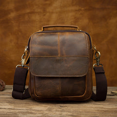 Vintage Brown Leather Mens Small Vertical Side Bags Shoulder Bags Messenger Bag For Men - iwalletsmen