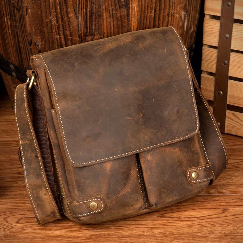 Cool Light Brown Leather 10 inches Mens Small Vertical Messenger Bags Courier Bag Postman Bag for Men - iwalletsmen