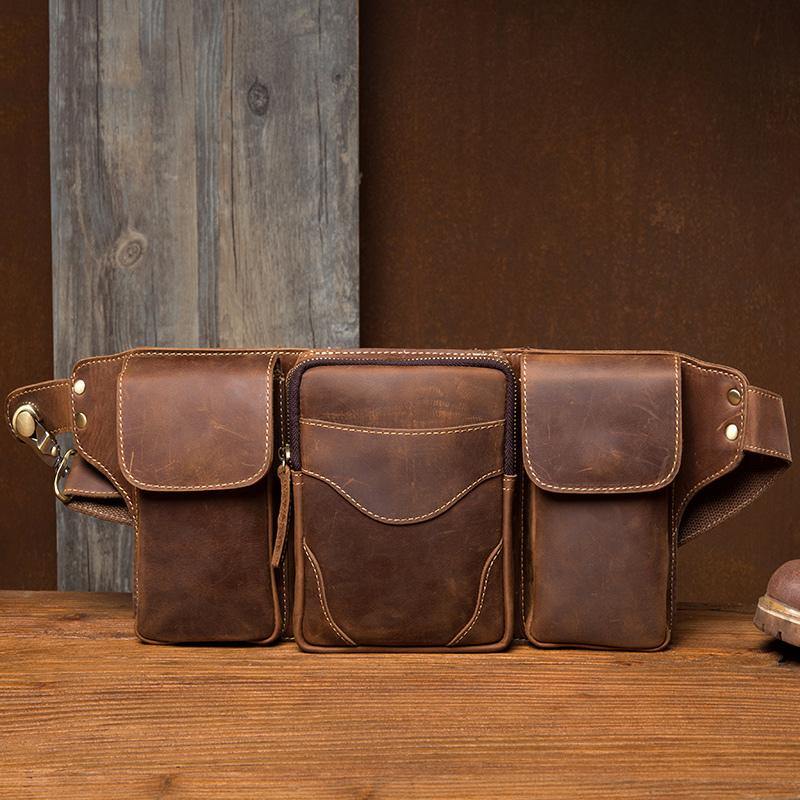 Cool Brown Leather Mens Fanny Pack Tool Waist Bags Hip Pack Belt Bag Bumbags for Men - iwalletsmen
