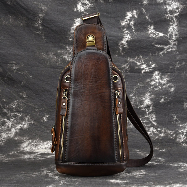 Vintage Tan Leather Men's Chest Bag One Shoulder Backpack Sling Bag For Men - iwalletsmen