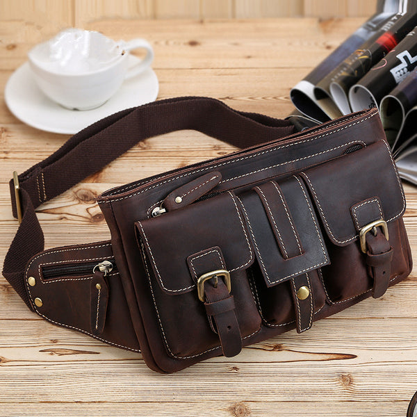Cool Leather Brown Men's Fanny Pack Chest Bag Vintage Waist Bag Hip Pack For Men - iwalletsmen