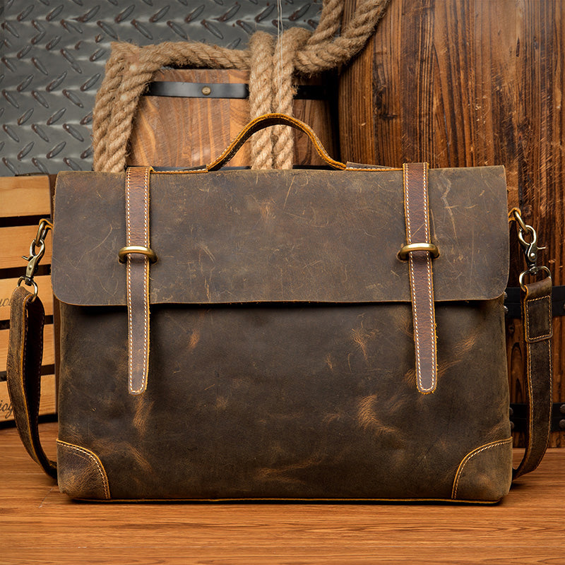 Vintage Dark Brown Leather 15 inches Briefcase Messenger Bags Work Side Bags for Men - iwalletsmen