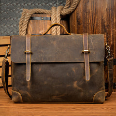 Vintage Dark Brown Leather 15 inches Briefcase Messenger Bags Work Side Bags for Men - iwalletsmen