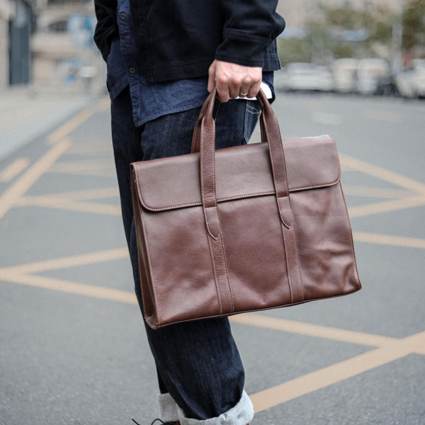 Vintage Black Mens Leather Briefcases Work Handbag Brown 14'' Computer Briefcases For Men - iwalletsmen