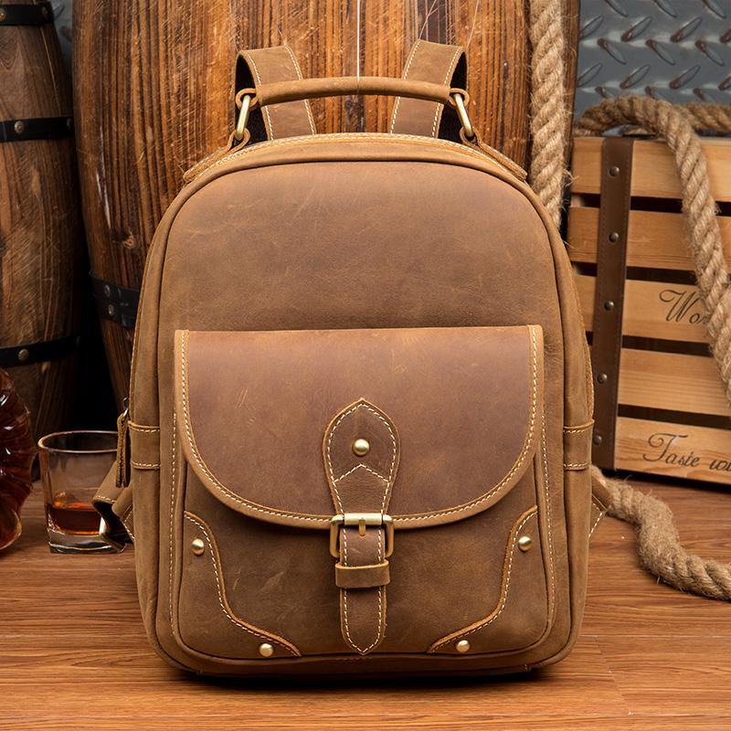 Fashion Light Brown Mens Leather 12-inch Small Backpacks Travel Backpa – iwalletsmen Fashion Light Brown Mens Leather 12-inch Small Backpacks Travel Backpa – iwalletsmen
