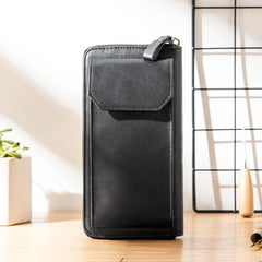 Black Cool Leather Mens Long Wallets Bifold Zipper Gray Long Wallet Card Wallet for Men - iwalletsmen
