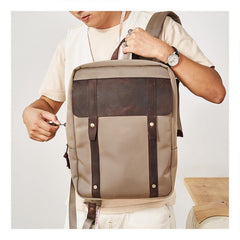 Canvas Leather Mens Backpack Canvas Khaki Travel Backpack Laptop Satchel Backpack for Men - iwalletsmen