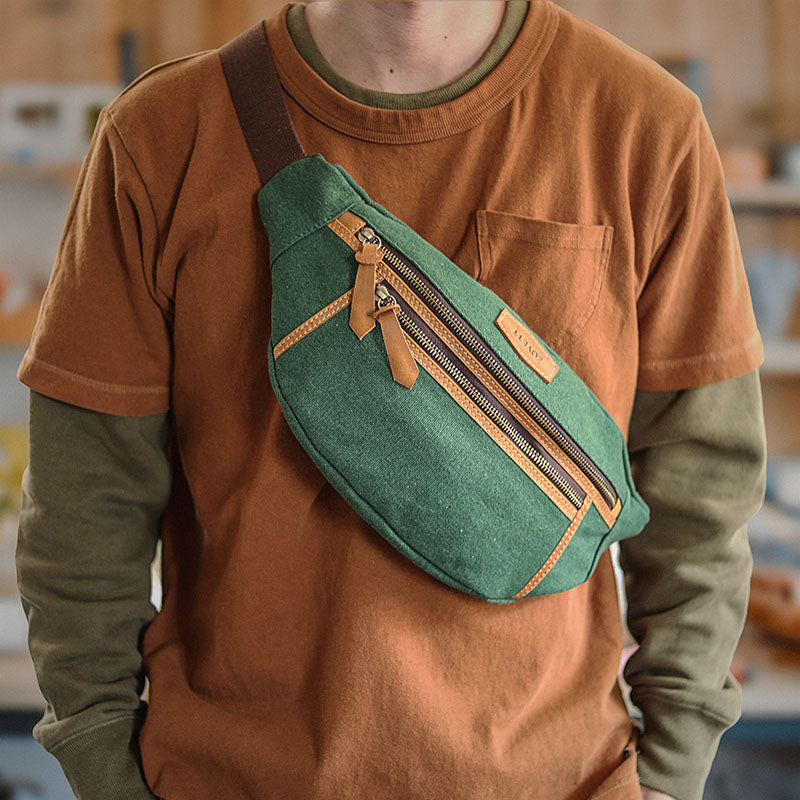 Green Canvas Leather Mens Chest Bag Waist Bag Fanny Pack Bum Pack For Men - iwalletsmen