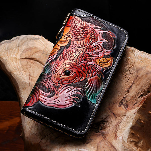 Handmade Leather Carp Mens Chain Biker Wallet Cool Leather Wallet With Chain Wallets for Men