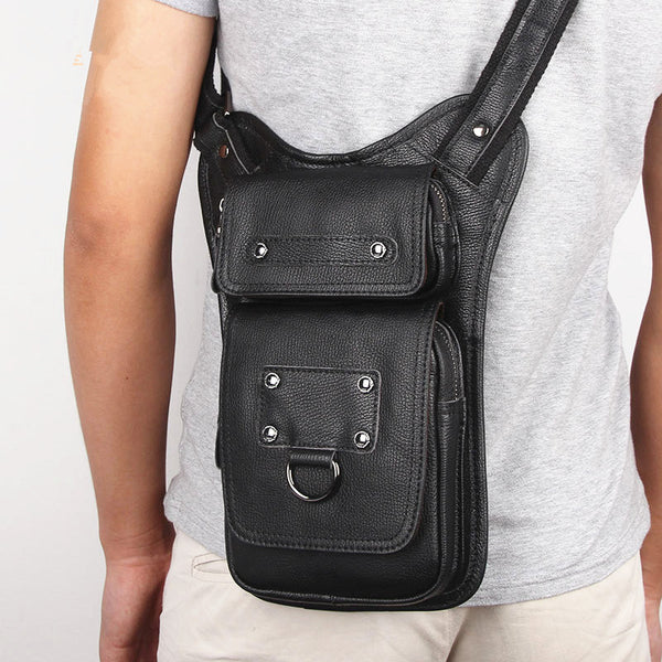 Black Leather Men's Sling Bag Shoulder Bag Chest Bag One Shoulder Backpack For Men - iwalletsmen