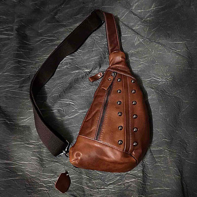Badass Brown Leather Men's Sling Bags Chest Bag Brown One shoulder Backpack Sling Bag For Men - iwalletsmen