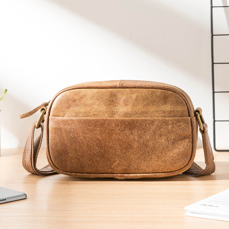 Camel Leather Mens Mini Phone Bag Courier Bag Small Messenger Bags Postman Bag for Men - iwalletsmen