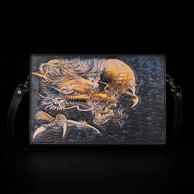 Handmade Black Tooled Chinese Dragon Leather Clutch Wristlet Bag Messenger Bags Side Bag For Men - iwalletsmen